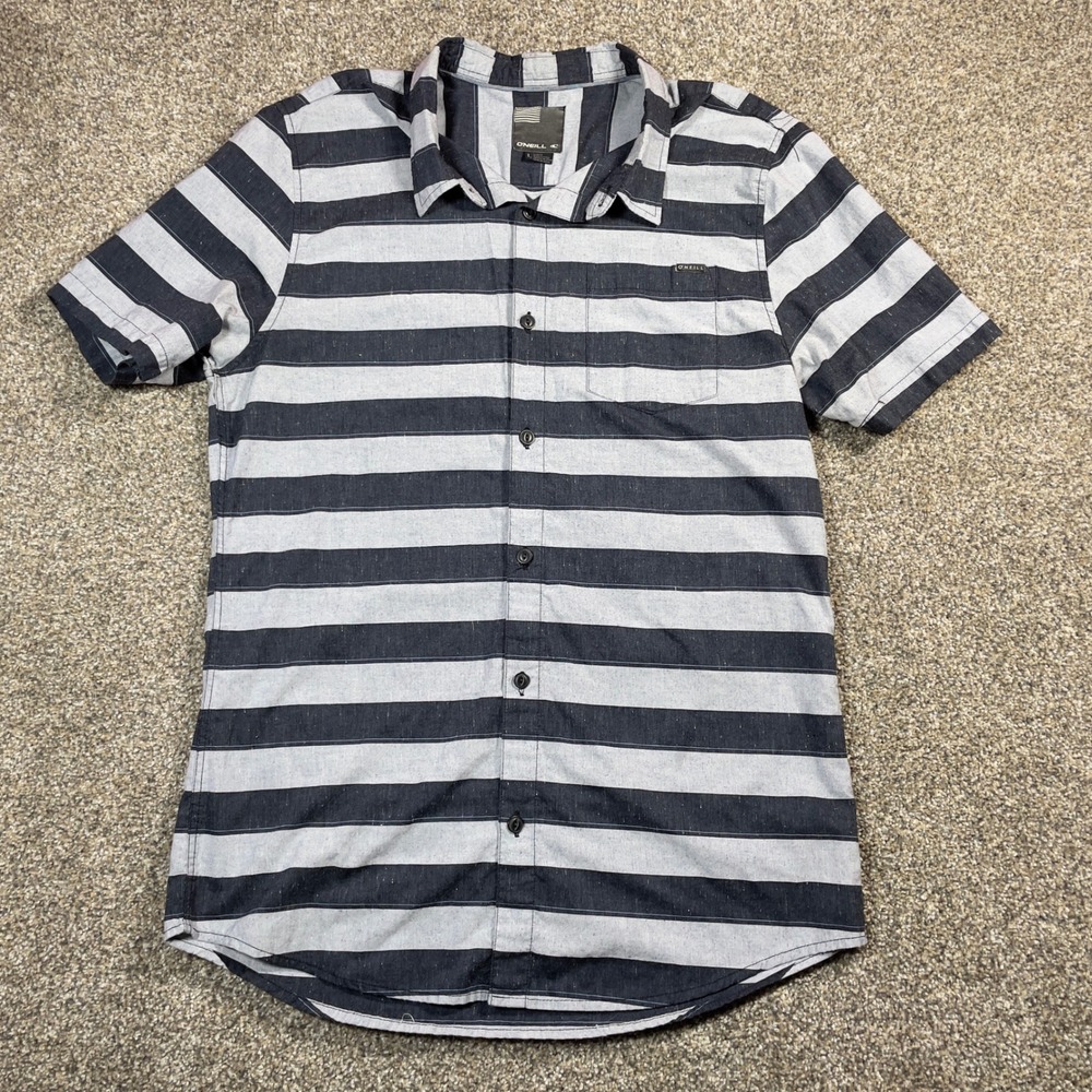 O'Neill Button Up Shirt Mens Large Striped Short Sleeve Casual Surf Gray Black